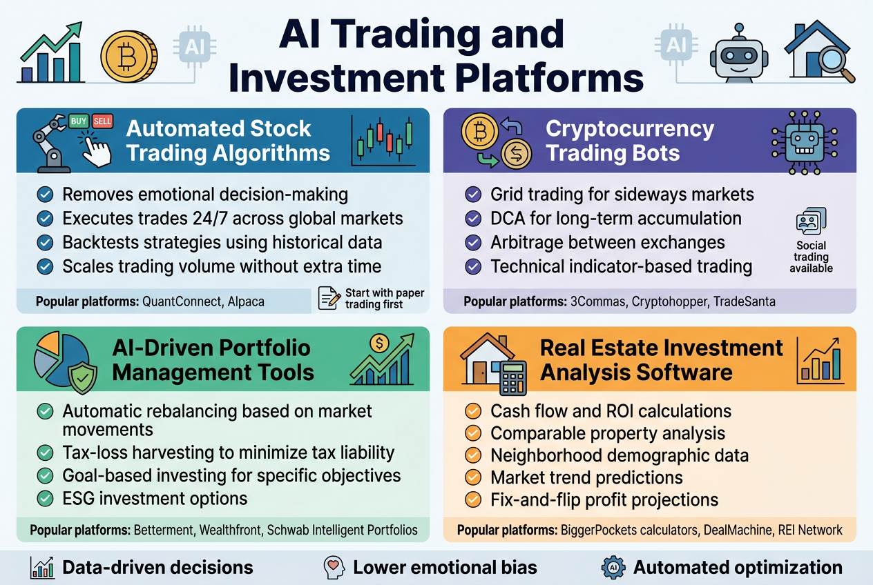 Create a clean professional infographic illustration in a 3:2 aspect ratio with a full-bleed layout, wide horizontal composition, and no poster frame or inset border. Use a modern tech-finance style with a white background, deep navy headings, teal and blue accent colors, and small gold highlights. Use bold sans-serif typography for the title and clear readable sans-serif text for section labels and bullet points.

At the top, place a large bold heading centered across the width: "AI Trading and Investment Platforms". Add a subtle line of small finance/AI icons behind or beside the title: a rising stock chart, a crypto coin, a robot head, and a house with a magnifying glass.

Below the title, organize the content into four equal wide sections in a 2x2 grid with distinct colored header bars and simple icons:
1) Top left section: "Automated Stock Trading Algorithms" with an icon of a robot arm clicking buy/sell arrows and a stock candlestick chart.
   Include 4 short bullet points with checkmark icons:
   - "Removes emotional decision-making"
   - "Executes trades 24/7 across global markets"
   - "Backtests strategies using historical data"
   - "Scales trading volume without extra time"
   Add a small footer line in smaller text: "Popular platforms: QuantConnect, Alpaca"
   Place a tiny side note with a paper-trading icon and text: "Start with paper trading first"

2) Top right section: "Cryptocurrency Trading Bots" with an icon of a crypto coin, exchange arrows, and a circuit-board bot.
   Include 4 short bullet points with checkmark icons:
   - "Grid trading for sideways markets"
   - "DCA for long-term accumulation"
   - "Arbitrage between exchanges"
   - "Technical indicator-based trading"
   Add a small footer line in smaller text: "Popular platforms: 3Commas, Cryptohopper, TradeSanta"
   Add a small note with a copy-trading icon and text: "Social trading available"

3) Bottom left section: "AI-Driven Portfolio Management Tools" with an icon of a pie chart, shield, and growth line.
   Include 4 short bullet points with checkmark icons:
   - "Automatic rebalancing based on market movements"
   - "Tax-loss harvesting to minimize tax liability"
   - "Goal-based investing for specific objectives"
   - "ESG investment options"
   Add a small footer line in smaller text: "Popular platforms: Betterment, Wealthfront, Schwab Intelligent Portfolios"

4) Bottom right section: "Real Estate Investment Analysis Software" with an icon of a house, calculator, and bar chart.
   Include 5 short bullet points with checkmark icons:
   - "Cash flow and ROI calculations"
   - "Comparable property analysis"
   - "Neighborhood demographic data"
   - "Market trend predictions"
   - "Fix-and-flip profit projections"
   Add a small footer line in smaller text: "Popular platforms: BiggerPockets calculators, DealMachine, REI Network"

Along the bottom edge, add a thin horizontal summary strip with 3 small labeled icons and short phrases in bold:
- "Data-driven decisions"
- "Lower emotional bias"
- "Automated optimization"

Use clear spacing, aligned blocks, subtle shadows, and color-coded section headers: blue for stocks, purple for crypto, green for portfolio management, and orange for real estate. Keep all text crisp, concise, and highly legible. Use simple flat vector illustrations and infographic symbols throughout.