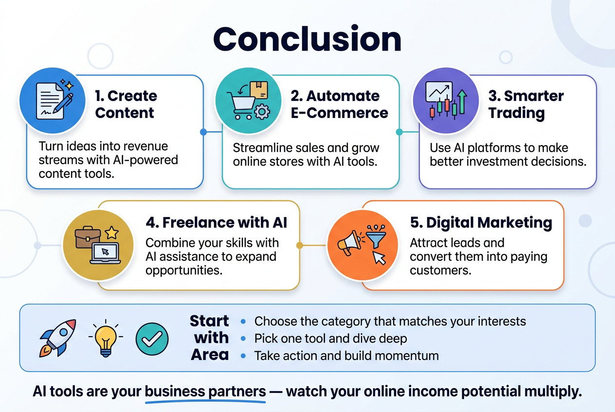 Create a full-bleed 3:2 landscape infographic with a clean modern business style, white background with blue, teal, purple, and gold accents, bold sans-serif typography, subtle gradients, and crisp flat vector icons. Place a large bold heading at the top center in dark navy text: "Conclusion".

Below the heading, use a wide 3-column layout of rounded rectangular info blocks with numbered labels and icons:
Left block: a document, pen, and sparkle icon in a blue circle; title text: "1. Create Content"; body text: "Turn ideas into revenue streams with AI-powered content tools."
Center block: a shopping cart, package, and automation gear icon in a teal circle; title text: "2. Automate E-Commerce"; body text: "Streamline sales and grow online stores with AI tools."
Right block: a chart, candlestick graph, and upward arrow icon in a purple circle; title text: "3. Smarter Trading"; body text: "Use AI platforms to make better investment decisions."

Place a second wide row beneath with 2 larger blocks:
Left block: a briefcase, laptop, and star icon in a gold circle; title text: "4. Freelance with AI"; body text: "Combine your skills with AI assistance to expand opportunities."
Right block: a megaphone, funnel, and cursor icon in an orange circle; title text: "5. Digital Marketing"; body text: "Attract leads and convert them into paying customers."

Across the bottom, add a full-width highlighted banner with a rocket icon, lightbulb icon, and checkmark icon. Include a bold subheading: "Start with One Area". Under it, place three short bullet points with small dot markers:
"Choose the category that matches your interests"
"Pick one tool and dive deep"
"Take action and build momentum"

At the very bottom center, add a strong closing line in dark navy with an accent underline: "AI tools are your business partners — watch your online income potential multiply."

Use clear spacing, strong hierarchy, and aligned columns; avoid narrow vertical stacking. Include subtle background shapes like faint circles and connecting lines between blocks for a polished infographic look.