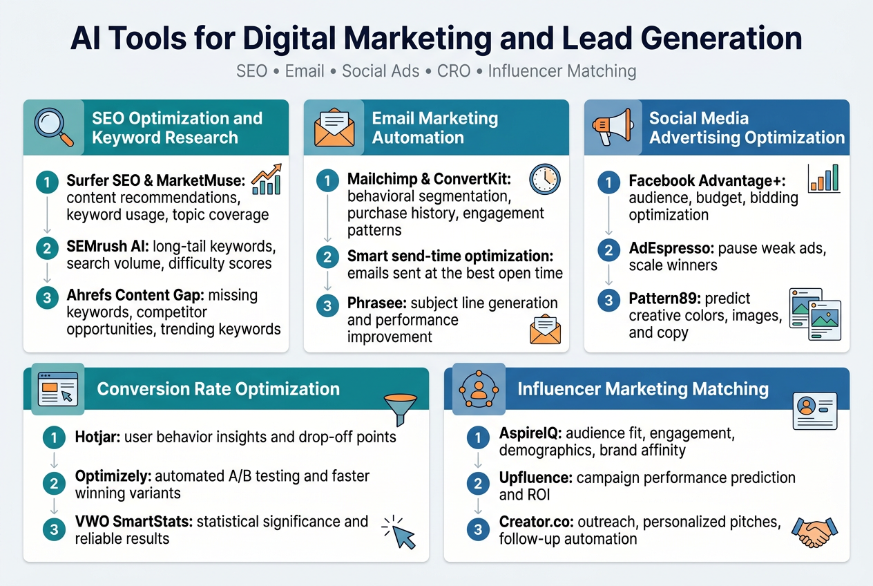 Create a full-bleed professional infographic illustration in a 3:2 aspect ratio, clean modern flat vector style, with a white background, dark navy title text, teal and blue section headers, orange accent icons, and subtle light-gray dividers. Use a wide horizontal layout with five evenly spaced content blocks arranged in two rows: three blocks across the top row and two wider blocks across the bottom row. Place a bold main heading at the top center: "AI Tools for Digital Marketing and Lead Generation". Use a small subtitle beneath it in gray: "SEO • Email • Social Ads • CRO • Influencer Matching".

Top row, left block: a magnifying glass icon and the section title "SEO Optimization and Keyword Research". Include three numbered mini-points with small checkmark bullets:
1. "Surfer SEO & MarketMuse: content recommendations, keyword usage, topic coverage"
2. "SEMrush AI: long-tail keywords, search volume, difficulty scores"
3. "Ahrefs Content Gap: missing keywords, competitor opportunities, trending keywords"
Add a small upward traffic graph icon in the corner.

Top row, center block: an envelope icon and the section title "Email Marketing Automation". Include three numbered mini-points:
1. "Mailchimp & ConvertKit: behavioral segmentation, purchase history, engagement patterns"
2. "Smart send-time optimization: emails sent at the best open time"
3. "Phrasee: subject line generation and performance improvement"
Add a small clock icon and an open email icon.

Top row, right block: a megaphone icon and the section title "Social Media Advertising Optimization". Include three numbered mini-points:
1. "Facebook Advantage+: audience, budget, bidding optimization"
2. "AdEspresso: pause weak ads, scale winners"
3. "Pattern89: predict creative colors, images, and copy"
Add a small bar chart icon and ad card thumbnails.

Bottom row, left wide block: a website window icon and the section title "Conversion Rate Optimization". Include three numbered mini-points:
1. "Hotjar: user behavior insights and drop-off points"
2. "Optimizely: automated A/B testing and faster winning variants"
3. "VWO SmartStats: statistical significance and reliable results"
Add a small funnel icon and cursor-click icon.

Bottom row, right wide block: a people/network icon and the section title "Influencer Marketing Matching". Include three numbered mini-points:
1. "AspireIQ: audience fit, engagement, demographics, brand affinity"
2. "Upfluence: campaign performance prediction and ROI"
3. "Creator.co: outreach, personalized pitches, follow-up automation"
Add a small social profile card icon and handshake icon.

Use bold section headers, medium-weight body text, and small colored number circles for each point. Add thin arrows or connecting lines between icons and text. Keep the layout airy, balanced, and easy to scan, with strong visual hierarchy and no vertical poster framing.
