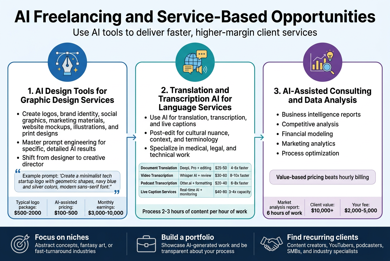 Create a full-bleed professional infographic in a 3:2 aspect ratio with a clean modern tech style, white background with blue, teal, purple, and gold accents, bold sans-serif typography, strong visual hierarchy, and wide horizontal multi-column sections.

Top header spanning the full width:
Large bold title text: "AI Freelancing and Service-Based Opportunities"
Smaller subtitle text beneath: "Use AI tools to deliver faster, higher-margin client services"

Main layout: three wide columns across the center, each in a rounded rectangle panel with a distinct icon at the top and clear section heading.

Left column panel:
A blue circular icon with a graphic design pen tool and sparkles.
Heading text: "1. AI Design Tools for Graphic Design Services"
Bullet points:
• "Create logos, brand identity, social graphics, marketing materials, website mockups, illustrations, and print designs"
• "Master prompt engineering for specific, detailed AI results"
• "Shift from designer to creative director"
Small quote box near the bottom:
"Example prompt: 'Create a minimalist tech startup logo with geometric shapes, navy blue and silver colors, modern sans-serif font.'"
Small pricing strip at bottom:
"Typical logo package: $500-2000"
"AI-assisted pricing: $100-500"
"Monthly earnings: $3,000-10,000"

Center column panel:
A teal circular icon with a globe, speech bubble, and audio waveform.
Heading text: "2. Translation and Transcription AI for Language Services"
Bullet points:
• "Use AI for translation, transcription, and live captions"
• "Post-edit for cultural nuance, context, and terminology"
• "Specialize in medical, legal, and technical work"
Small table-like box with four rows:
"Document Translation | DeepL Pro + editing | $25-50 | 4-6x faster"
"Video Transcription | Whisper AI + review | $30-60 | 8-10x faster"
"Podcast Transcription | Otter.ai + formatting | $20-40 | 6-8x faster"
"Live Caption Services | Real-time AI + monitoring | $40-80 | 3-4x capacity"
Bottom callout:
"Process 2-3 hours of content per hour of work"

Right column panel:
A purple circular icon with a bar chart, magnifying glass, and lightbulb.
Heading text: "3. AI-Assisted Consulting and Data Analysis"
Bullet points:
• "Business intelligence reports"
• "Competitive analysis"
• "Financial modeling"
• "Marketing analytics"
• "Process optimization"
Small callout box:
"Value-based pricing beats hourly billing"
Pricing strip:
"Market analysis report: 6 hours of work"
"Client value: $10,000+"
"Your fee: $2,000-5,000"

Bottom horizontal band across the full width with three compact strategy blocks and icons:
Left block with target icon:
"Focus on niches"
"Abstract concepts, fantasy art, or fast-turnaround industries"
Middle block with portfolio icon:
"Build a portfolio"
"Showcase AI-generated work and be transparent about your process"
Right block with handshake icon:
"Find recurring clients"
"Content creators, YouTubers, podcasters, SMBs, and industry specialists"

Add subtle connecting arrows and thin divider lines between sections, with a polished corporate infographic look, balanced spacing, crisp readable text, no frame, no border, no watermark.